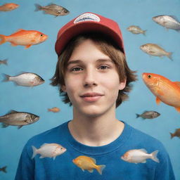 A teenage boy with a cap, surrounded by various fishes and birds.