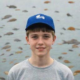 A teenage boy with a cap, surrounded by various fishes and birds.