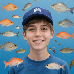 A teenage boy with a cap, surrounded by various fishes and birds.