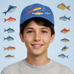 An Avatar of a teenage boy wearing a cap with representations of fishes and birds around him.