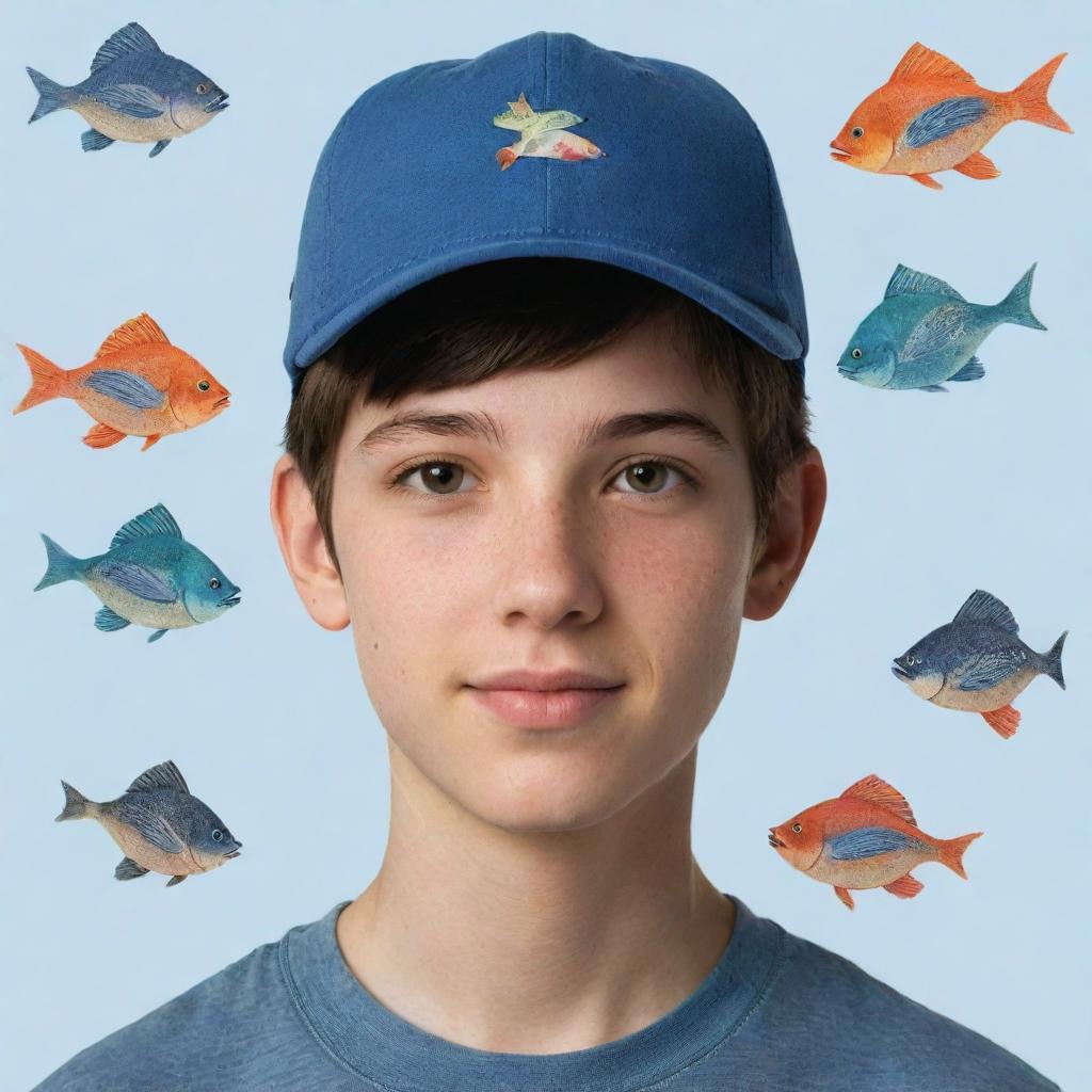 An Avatar of a teenage boy wearing a cap with representations of fishes and birds around him.