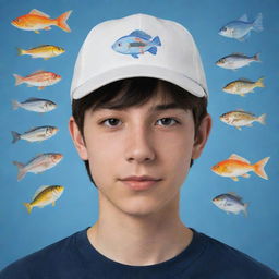 An Avatar of a teenage boy wearing a cap with representations of fishes and birds around him.