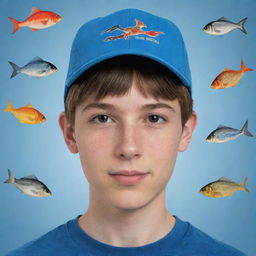 An Avatar of a teenage boy wearing a cap with representations of fishes and birds around him.