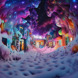 Transcend into a psychedelic dreamscape: the ultra-filtered Instagram house, glowing in surreal and luminescent hues under a snow-laden sky, becomes a galactic nucleus, with an array of hallucinatory planets melting, morphing, and revolving. The scenery is a kaleidoscopic explosion of color, pattern, and texture.