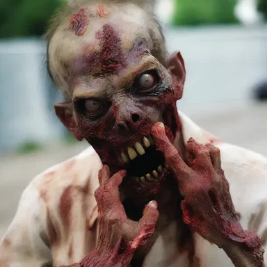 The zombie quickly nipped off the fingers of its victims with its rotting teeth.