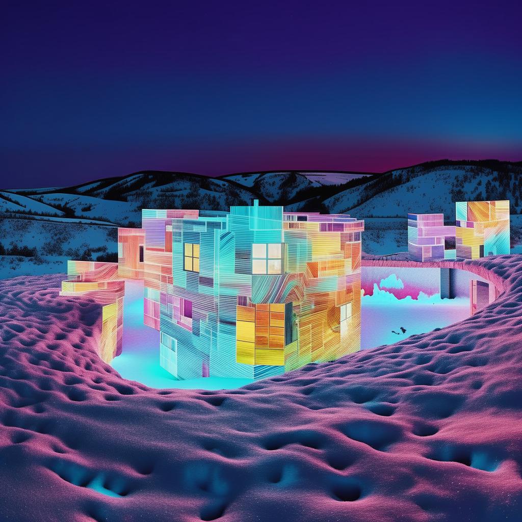 Transcend into a psychedelic dreamscape: the ultra-filtered Instagram house, glowing in surreal and luminescent hues under a snow-laden sky, becomes a galactic nucleus, with an array of hallucinatory planets melting, morphing, and revolving. The scenery is a kaleidoscopic explosion of color, pattern, and texture.