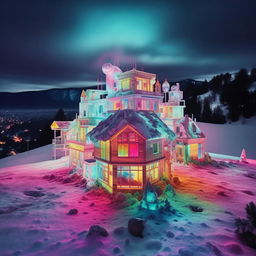 Transcend into a psychedelic dreamscape: the ultra-filtered Instagram house, glowing in surreal and luminescent hues under a snow-laden sky, becomes a galactic nucleus, with an array of hallucinatory planets melting, morphing, and revolving. The scenery is a kaleidoscopic explosion of color, pattern, and texture.