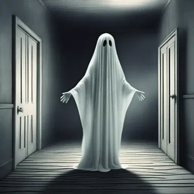 In the eerie haunted house, the ghostly figure chirpily floats around, causing a sense of unease.