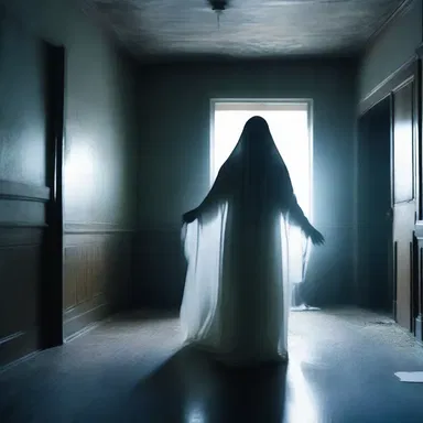 In the eerie haunted house, the ghostly figure chirpily floats around, causing a sense of unease.
