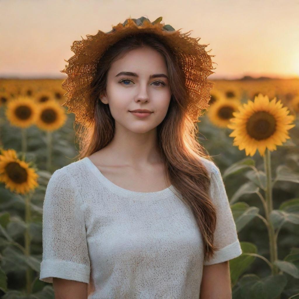 Generate a realistic image of a girl in a sunflower field during sunset