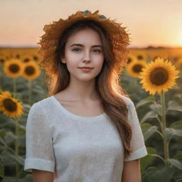 Generate a realistic image of a girl in a sunflower field during sunset