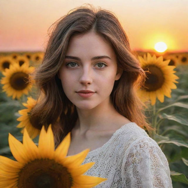 Generate a realistic image of a girl in a sunflower field during sunset