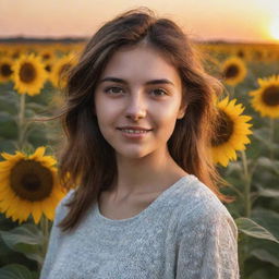 Generate a realistic image of a girl in a sunflower field during sunset