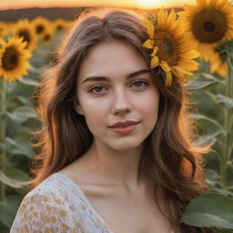 Generate a realistic image of a girl in a sunflower field during sunset