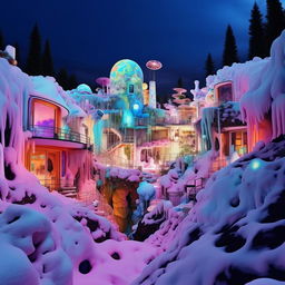 Transcend into a psychedelic dreamscape: the ultra-filtered Instagram house, glowing in surreal and luminescent hues under a snow-laden sky, becomes a galactic nucleus, with an array of hallucinatory planets melting, morphing, and revolving. The scenery is a kaleidoscopic explosion of color, pattern, and texture.