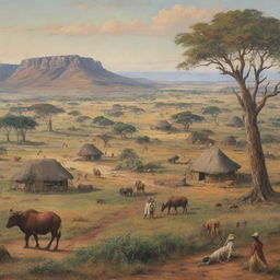 A vibrant depiction of South African landscape in the 1800s. Feature expansive savannas, rich wildlife, traditional huts and people in vintage attire typical of the 19th century.