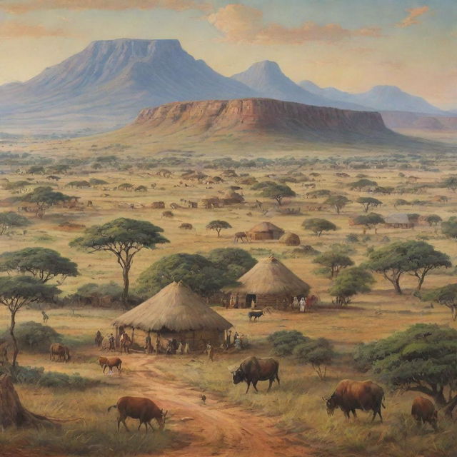 A vibrant depiction of South African landscape in the 1800s. Feature expansive savannas, rich wildlife, traditional huts and people in vintage attire typical of the 19th century.