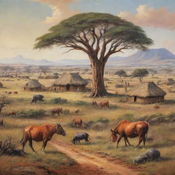 A vibrant depiction of South African landscape in the 1800s. Feature expansive savannas, rich wildlife, traditional huts and people in vintage attire typical of the 19th century.