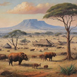 A vibrant depiction of South African landscape in the 1800s. Feature expansive savannas, rich wildlife, traditional huts and people in vintage attire typical of the 19th century.