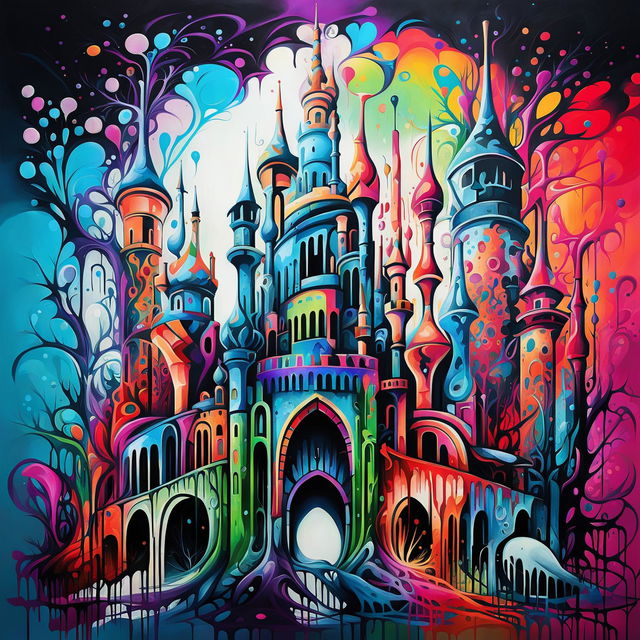 A graffiti-style, vibrantly coloured magical castle inspired by Antonio Gaudi and Zaha Hadid, with intricate colour combinations, colourful composition against a pastel sky, and colourful paint splatters all over.