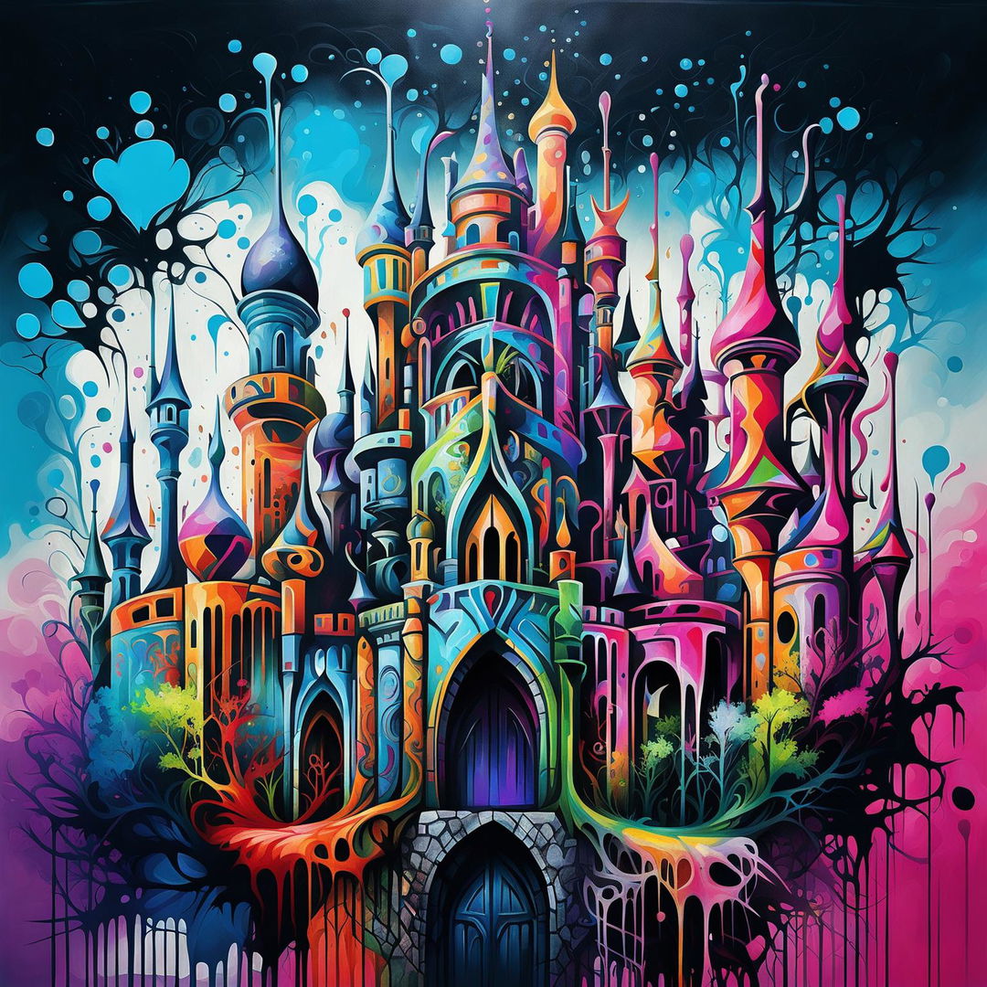 A graffiti-style, vibrantly coloured magical castle inspired by Antonio Gaudi and Zaha Hadid, with intricate colour combinations, colourful composition against a pastel sky, colourful paint splatters all over, and spray paint effects.