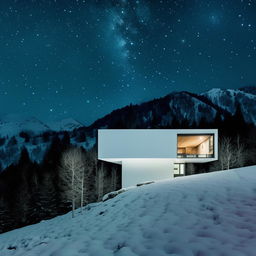 The same white, minimalist, multi-level concept home set against a snowy mountain landscape at night amidst a meteor shower, but experienced through a psychedelic lens, warping colors, bending reality and intensifying lights.