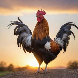 A majestic rooster crowing prominently against the backdrop of a radiant morning sunrise