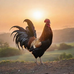 A majestic rooster crowing prominently against the backdrop of a radiant morning sunrise