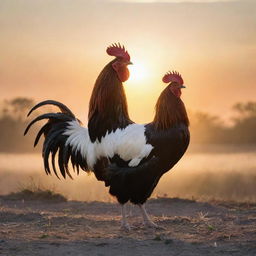 A majestic rooster crowing prominently against the backdrop of a radiant morning sunrise