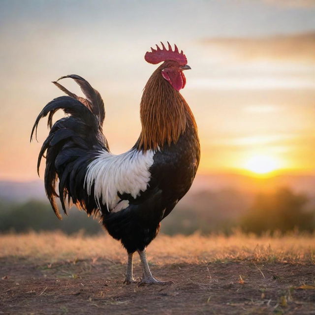 A majestic rooster crowing prominently against the backdrop of a radiant morning sunrise