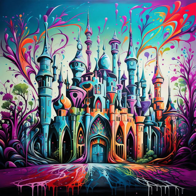 A graffiti-style, vibrantly coloured magical castle inspired by Antonio Gaudi and Zaha Hadid, with intricate colour combinations, colourful composition against a pastel sky, and colourful paint splatters all over, depicted as street art on the pavement.