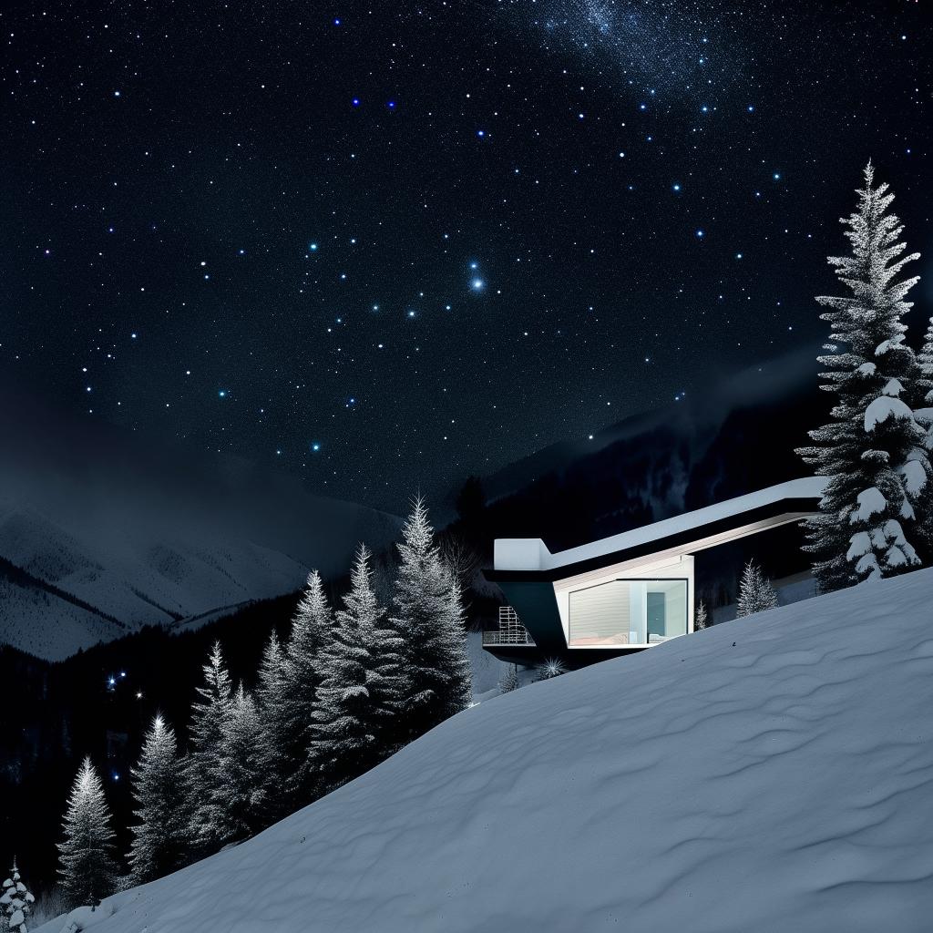 The same white, minimalist, multi-level concept home set against a snowy mountain landscape at night amidst a meteor shower, but experienced through a psychedelic lens, warping colors, bending reality and intensifying lights.