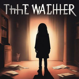 A high-quality digital art image illustrating a suspenseful book cover titled 'The Watcher'