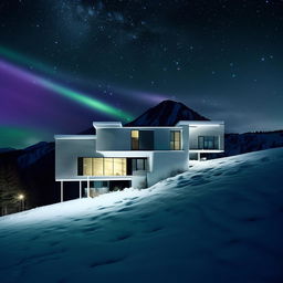 The same white, minimalist, multi-level concept home set against a snowy mountain landscape at night amidst a meteor shower, but experienced through a psychedelic lens, warping colors, bending reality and intensifying lights.