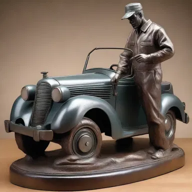 The sculpture titled 'The Car Mechanic' beautifully captures the dedication and skill of a car mechanic working under the hood of a vintage automobile.