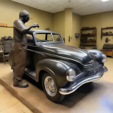 The sculpture titled 'The Car Mechanic' beautifully captures the dedication and skill of a car mechanic working under the hood of a vintage automobile.