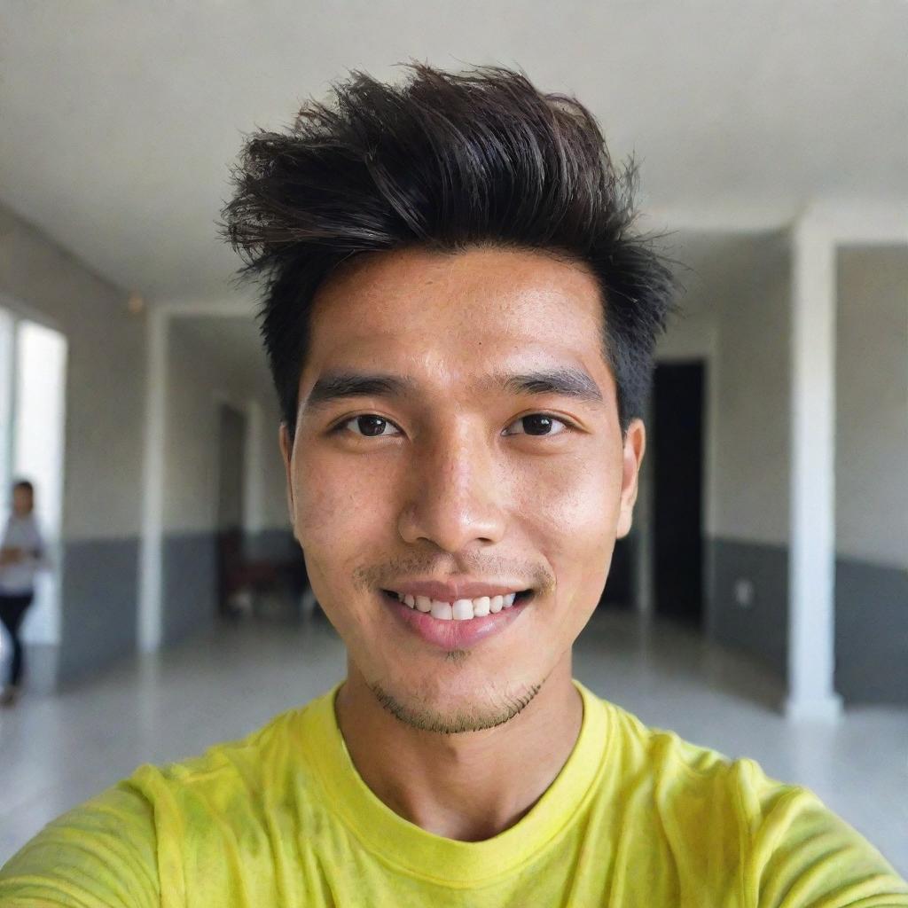 An attractive Indonesian-Dutch man with a bright face and two-block hairstyle, taking a selfie