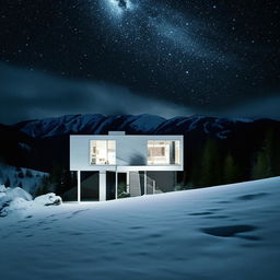 The same white, minimalist, multi-level concept home set against a snowy mountain landscape at night amidst a meteor shower, but experienced through a psychedelic lens, warping colors, bending reality and intensifying lights.