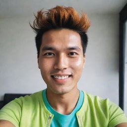 An attractive Indonesian-Dutch man with a bright face and two-block hairstyle, taking a selfie