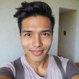 An attractive Indonesian-Dutch man with a bright face and two-block hairstyle, taking a selfie