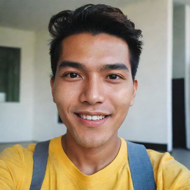 An attractive Indonesian-Dutch man with a bright face and two-block hairstyle, taking a selfie