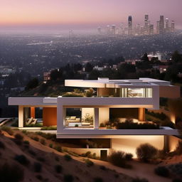 Create a Julius Shulman style architectural photograph of a house in the LA hills overlooking the city, with a 16:9 aspect ratio, color, and 90% sharpness.