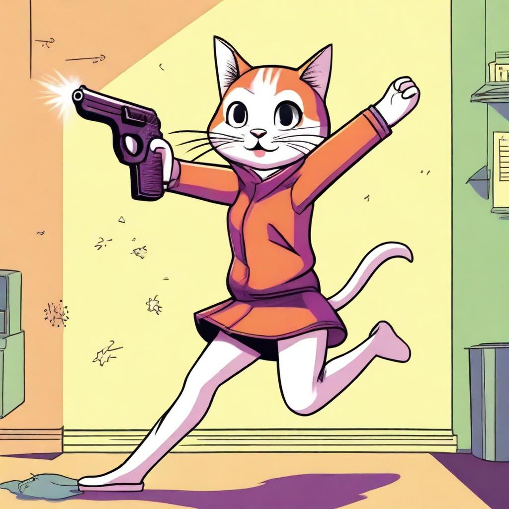 A playful, high-quality digital art image depicting a girl in a light-hearted 'pew-pew' pose, pretending to shoot at her cat with her fingers mimicking a gun