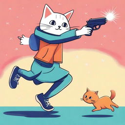 A playful, high-quality digital art image depicting a girl in a light-hearted 'pew-pew' pose, pretending to shoot at her cat with her fingers mimicking a gun