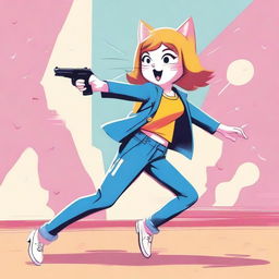 A playful, high-quality digital art image depicting a girl in a light-hearted 'pew-pew' pose, pretending to shoot at her cat with her fingers mimicking a gun