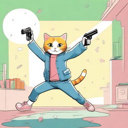 A playful, high-quality digital art image depicting a girl in a light-hearted 'pew-pew' pose, pretending to shoot at her cat with her fingers mimicking a gun