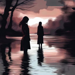 A poignant, high-quality digital art image portraying a girl standing on the edge of a river, her expression one of deep sadness