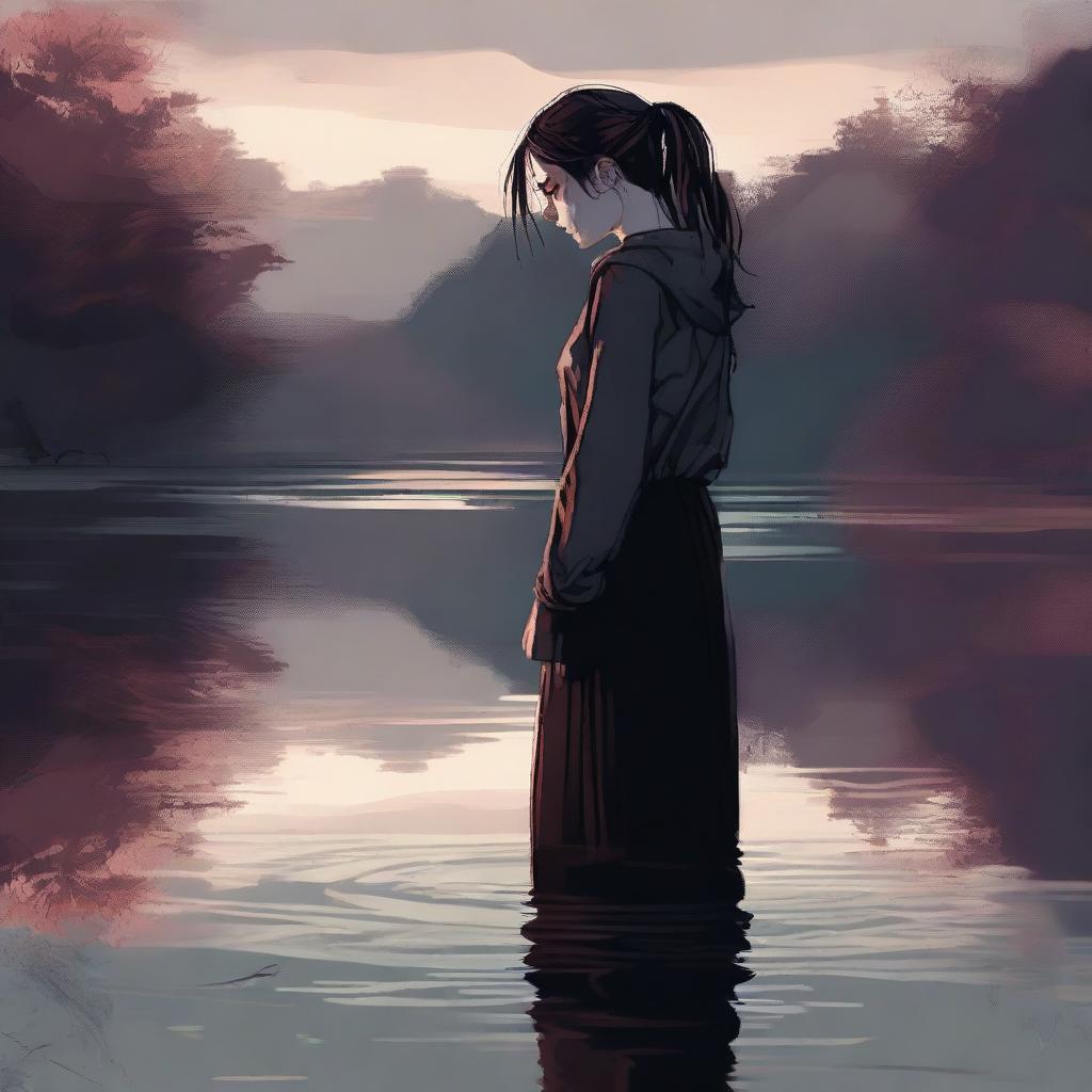 A poignant, high-quality digital art image portraying a girl standing on the edge of a river, her expression one of deep sadness