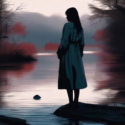 A poignant, high-quality digital art image portraying a girl standing on the edge of a river, her expression one of deep sadness