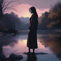 A poignant, high-quality digital art image portraying a girl standing on the edge of a river, her expression one of deep sadness